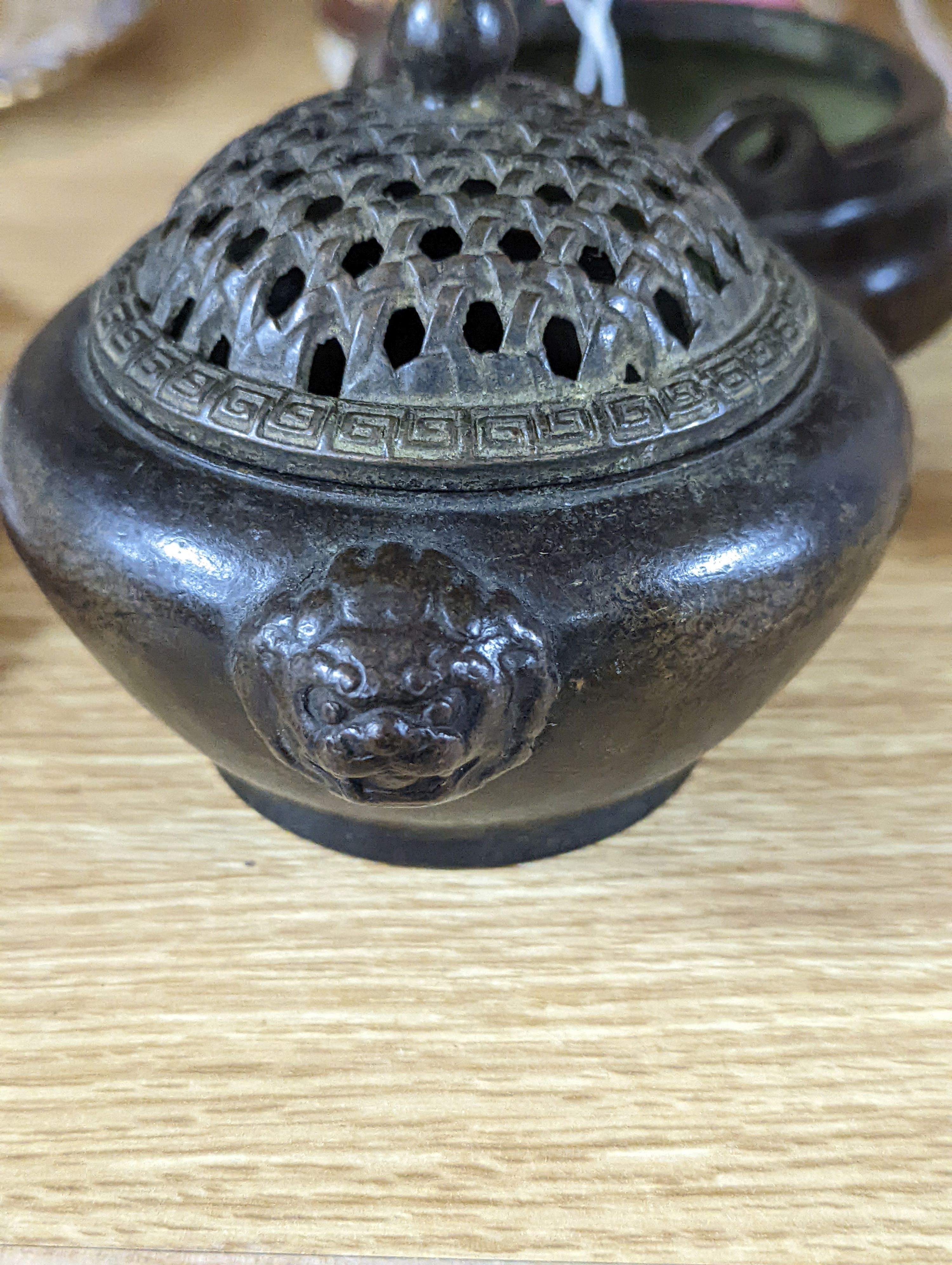 A Chinese bronze tripod censer and a Chinese bronze censer and cover 11cm